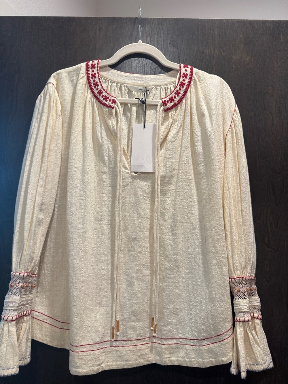 Zara Boho Style Peasant Blouse with Red Embroidery
